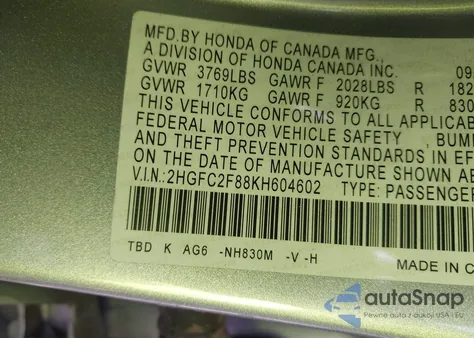 2019 Honda Civic Sport из США, поврежденный, VIN 2HGFC2F88KH604602